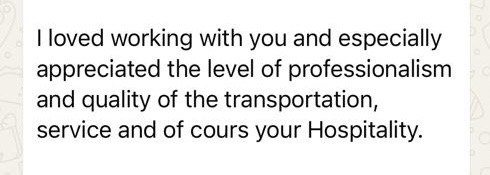 Guest thank-you note about the transportation, service and hospitality