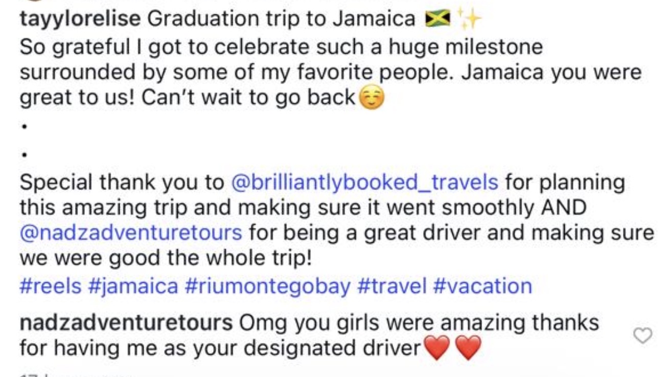Instagram post from a graduation trip guest thanking Nadz Adventure Tours